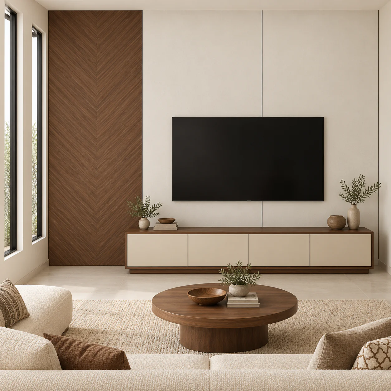 Mur TV Chevron Contraste avec meuble assorti — NovaBard Tanger