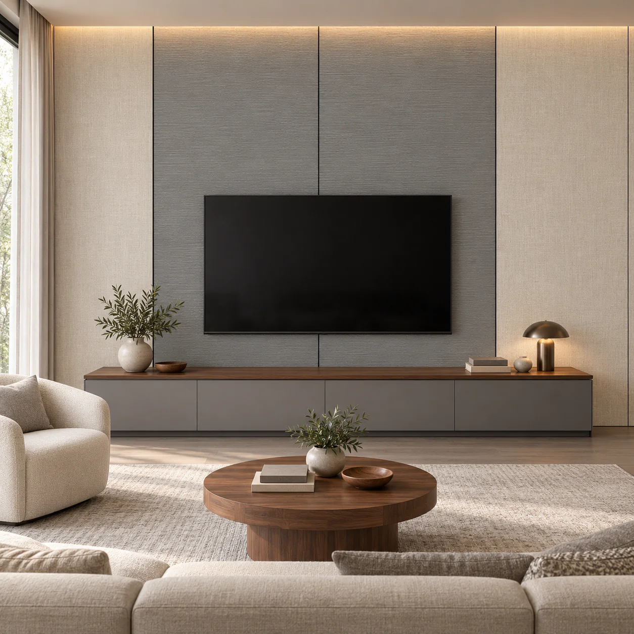 Mur TV Gris Équilibre avec meuble assorti — NovaBard Tanger