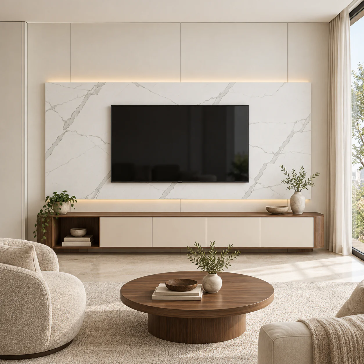Mur TV Calacatta Lumière avec meuble assorti — NovaBard Tanger
