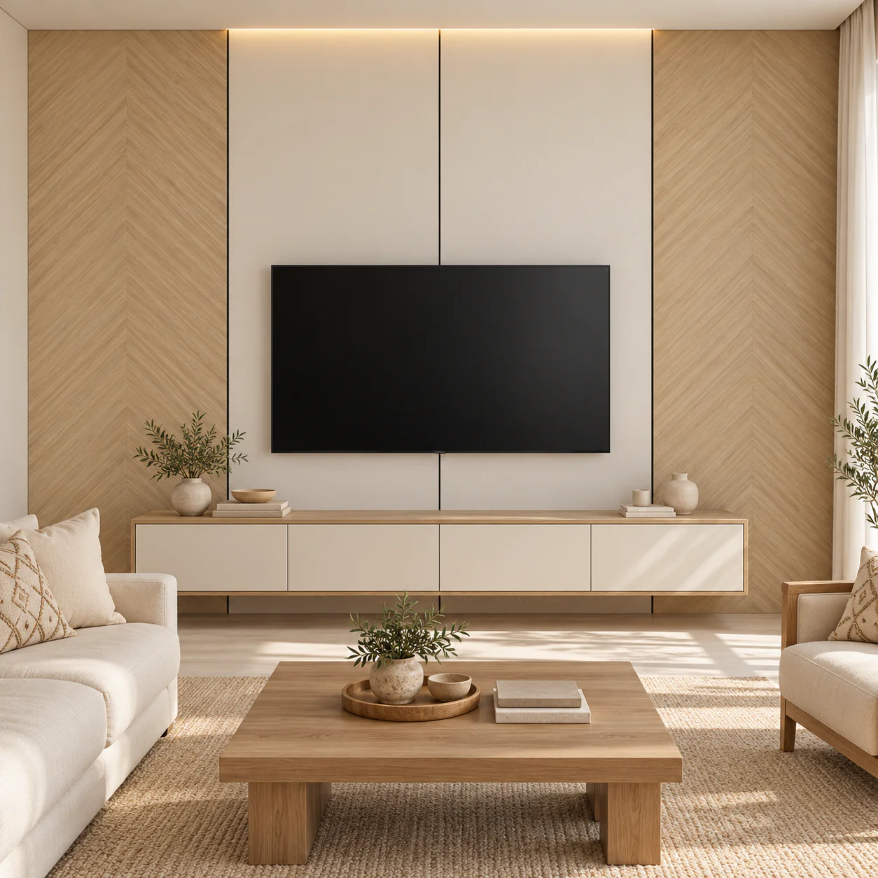 Mur TV Chevron Lumière avec meuble assorti — NovaBard Tanger