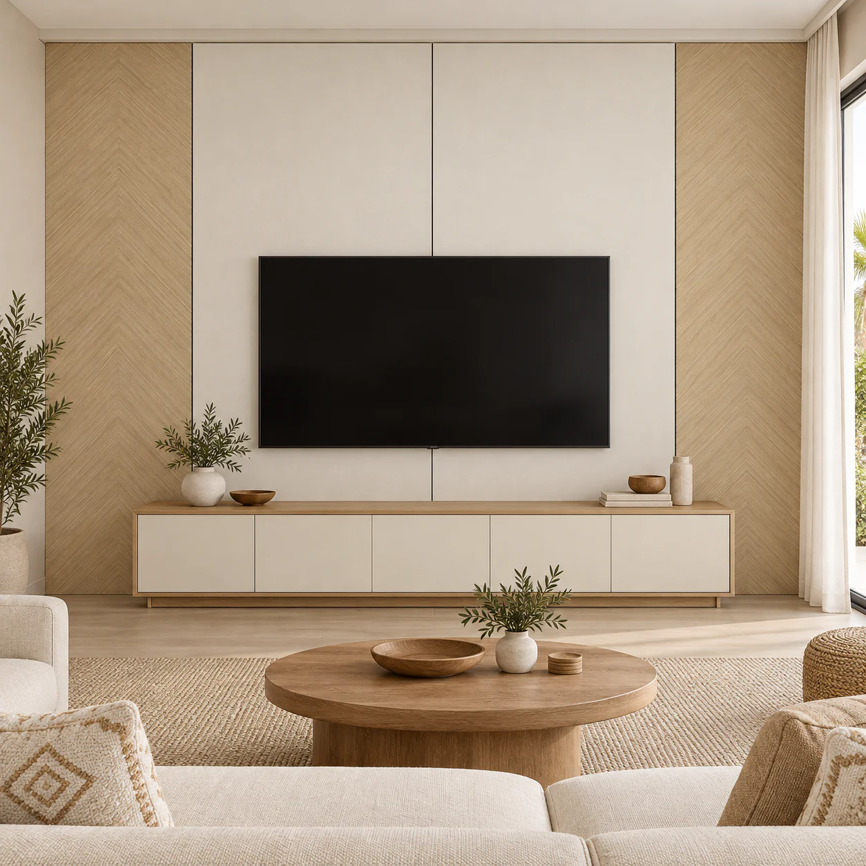 Mur TV Chevron Nature avec meuble assorti — NovaBard Tanger